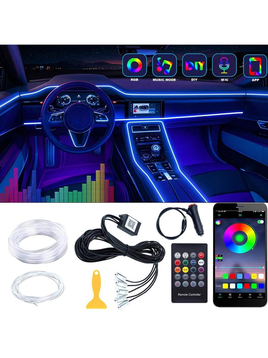 Rgb Hub Sync - ชุดไฟ RGB 5-in-1 สำหรับตกแต่งภายในรถยนต์, ไฟนีออนในรถยนต์ 8